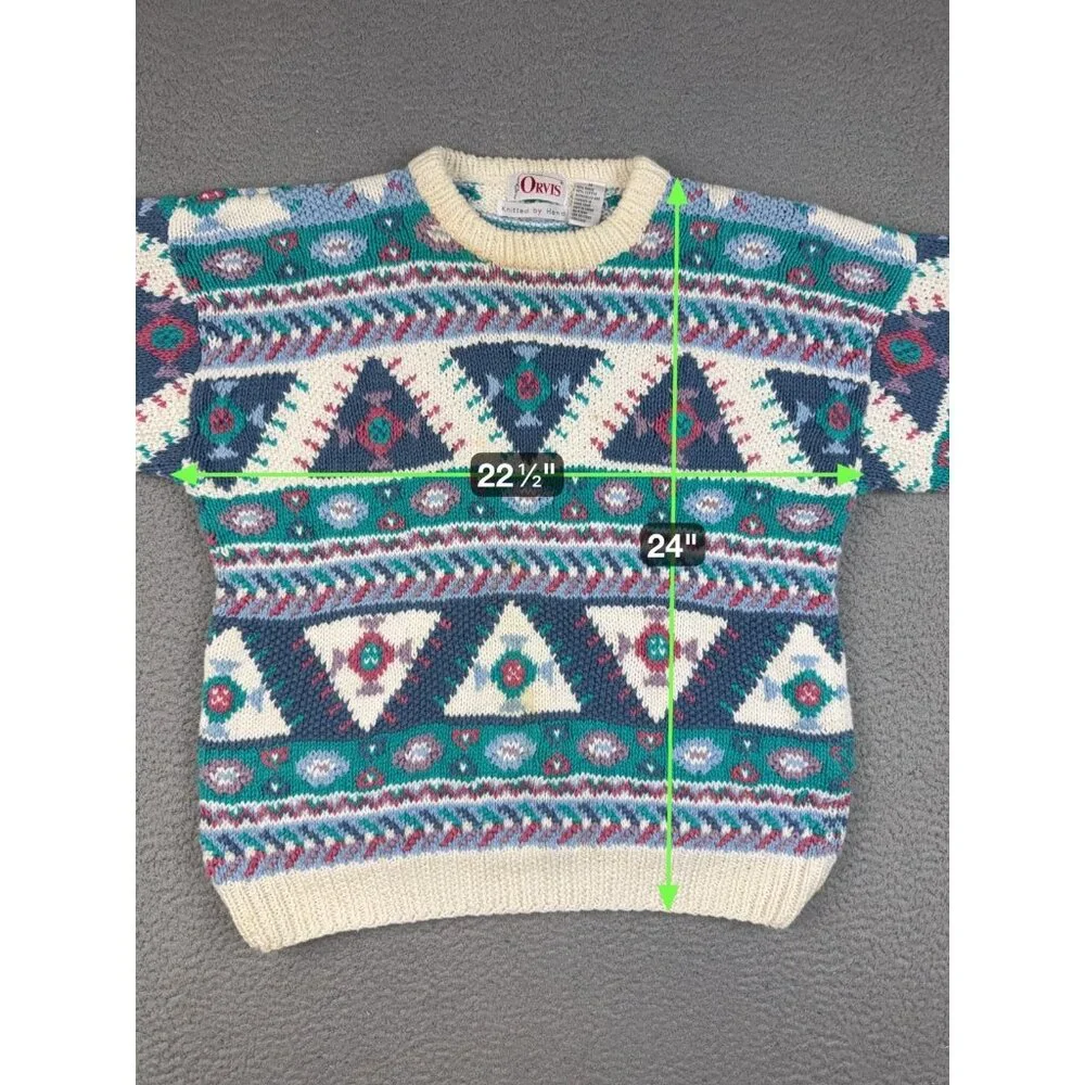 Orvis Sweater Mens Medium Cream Multicolor Geometric Aztec Crewneck Hand Knitted - Picture 3 of 9